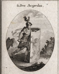 Allegory of suspicion cuts behind a shield on which stands a lion, symbol of suspicion according to Aristotle, and a rooster on the helmet that represents vigilance. Engraving in 