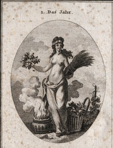 Allegory of the Year Surrounded by Symbols of the Four Seasons (Wreath of Flowers for Spring, Wreath of Wheat for Summer, Basket of Reason for Autumn and Vase of Fire for Winter). The Year is Half Dressed in Reference to the Degrees of Heat and Cold with by Austrian School