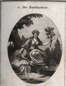 Allegory of utility. Crowned with grapes and leaning on a sheep, she holds an oak branch filled with fruits and leaves symbolizing things useful to life, just as the spring water near which she sits. Engraving in 
