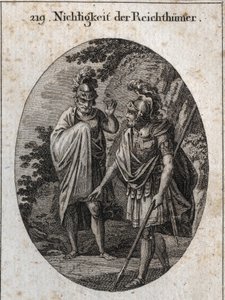 Allegory of vanity of riches: Emperor Constantine The Great traces on earth with his spear a human body and says 