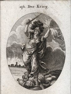 Allegory of War. She Holds a Lightning and a Nude Sword and Breaks Under Her Feet Gold and Silver Vases and a Statue of the God Plutus Which Is Symbolized by a Horn of Abundance and a Blindfold. At the Bottom, the Walls of a Ruined City. Engraving in 