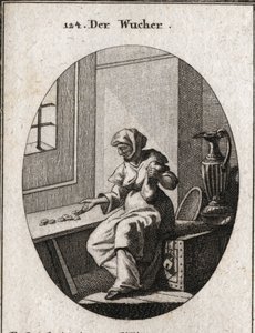 Allegory of wear sitting on a safe, she counts coins. Other wealth is near her for greater safety. Engraving in 