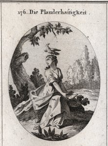 Babel allegory. Its drapery is filled with cicadas and tongues. His attribute is the crow. Engraving in “Iconologie oder Ideen aus dem Gebiete der Leidenschaften und Allegorien bildich dargestellt fur Zeichner, Mahler, Dichter, Gelehrte, Erzieher und fre