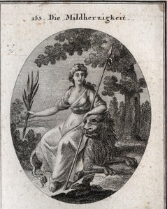 Clemency allegory. She is represented holding a spear and an olive branch to indicate that she has the power to punish but also to forgive. The lion is the attribute of generosity. Engraving in “Iconologie oder Ideen aus dem Gebiete der Leidenschaften un