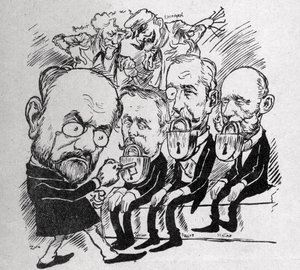 Emile Zola Tries to Unlock the Locks that Close the Mouths of Presidents Jean Casimir-Perier and Felix Faure as well as President of the Council Jules Meline, While in the Background, Henri Rochefort Told Com