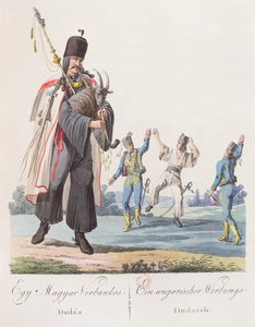 Soldiers of a Hungarian regiment performing a recruitment dance, illustration from a book Costumes de Hongrie, published in Vienna, 1810 by Austrian School