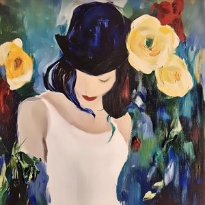 Woman With Hat And Roses