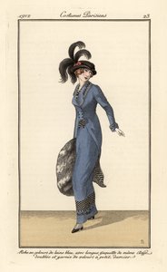 Woman in Dress and Long Jacket of Blue Wool Velvet by B Berty