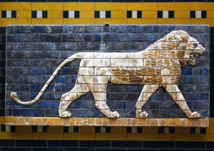 A lion (detail), glazed brick tiles depicting mythological animals that adorned the Processional Way to the Ishtar Gate in Babylon during the reign of Nebuchadnezzar II (604-562 BC)