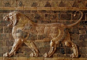 Detail of the Ishtar Gate depicting a mosaic lion of bricks, Processional Way of Babylon under Nebuchadnezzar II by Babylonian