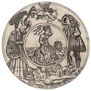 Aristotle and Phyllis, surrounded by a young man and woman with Eros, and reclining nude woman with two children, second half of the 15th century by Baccio Baldini