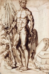 Hercules Turned to the Left, Leaning on his Club, Holding Drapery, by the Ruins of a Temple by Baccio Bandinelli