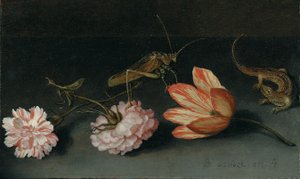 Carnations, a Parrot Tulip, a Grasshopper and a Lizard on a Ledge