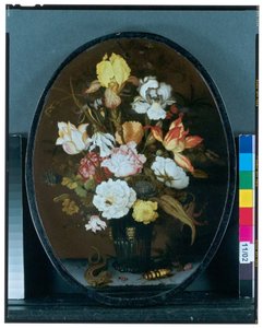 Still Life With Flowers In A Glass Vase On A Ledge, With A Lizard And Beetles by Balthasar van der Ast