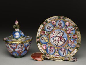Lidded bowl, saucer and spoon with astrological decoration