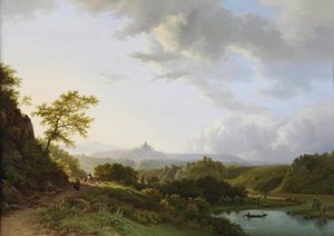 A Panoramic Summer Landscape with Travellers and a Castle Ruin in the Distance by Barend Cornelis Koekkoek