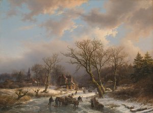 A Village and an Old Building in a Tree-Rich Landscape by Frozen Water by Barend Cornelis Koekkoek