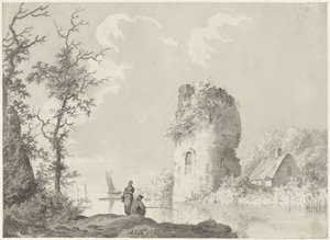 River Landscape with Tower and Angler by Barend Cornelis Koekkoek
