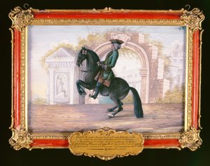 Agrable, a dark fawn horse of the Spanish Riding School performing a dressage movement called a Curvet