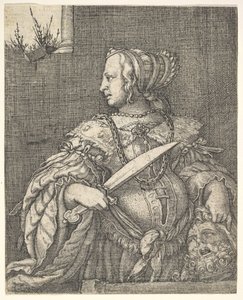 Judith, half-length and in profile to the left, a sword in her right hand and the head of Holofernes by Barthel Beham