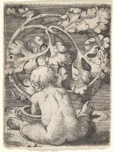 Naked Child Seen from Back Seated in Front of a Vessel