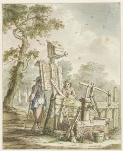 Landscape with Two Men at a Billboard by a Water Pump by Bartholomeus Barbiers