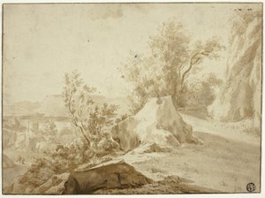 Rocks and Mountain Path, Figures and Town Below by Bartholomeus Breenbergh