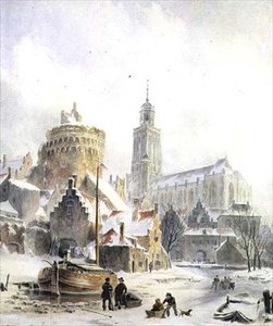 Children Playing on a Frozen River, Deventer Cathedral Beyond