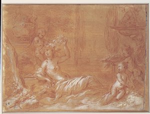 Reclining Nymph in a Garden with Fountain, Vase and Three Cupids
