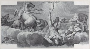 Plate 34: Auriga, the charioteer, falls from the chariot at center, with three horses at l..., 1756 by Bartolomeo Crivellari, Gabriel Söderling