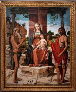 Madonna with infant Jesus under a pergola among Saints John the Baptist and Onuphrius