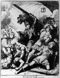 Orlando throwing wooden board against twenty armed men, illustration for XIII canto of Orlando Furioso by Ludovico Ariosto by Bartolomeo Pinelli