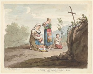 Peasant Woman with Her Children Crying before the Burial Site with a Cross, illustration for Roman Costumes and Customs by Bartolomeo Pinelli