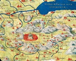 Holy Land, Israel and Palestine: Jerusalem and the Dead Sea, from Atlas of the World in Thirty-Three Maps, by Battista Agnese