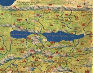 Holy Land, Israel and Palestine: Sea of Galilee and City of Tiberias, from Atlas of the World in Thirty-Three Maps, by Battista Agnese