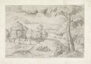 Panoramic Landscape with Ruins, a City and Travellers by Battista Angolo del Moro