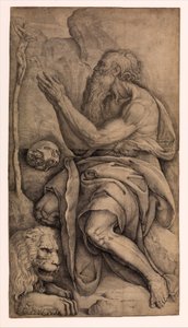 Saint Jerome Kneeling Before a Crucifix, with a Skull and Lion by Battista Franco