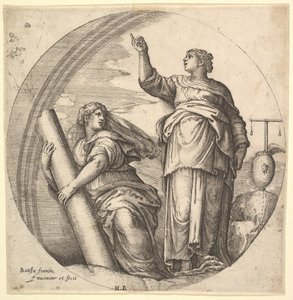 Fortitude and Justice, an allegorical composition in round format, with Fortitude