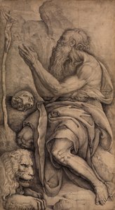 Saint Jerome kneeling before a crucifix, with a skull and lion, ca. 1550-60