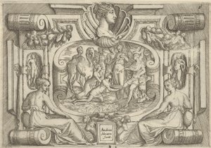 A man and woman offering a platter of coins to a king seated on a throne, ca. 1540-80 by Battista del Moro