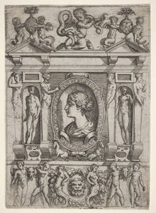 Bust of a Woman in Profile Facing Left, Set in an Elaborate Frame with Figures, ca. 1540-80 by Battista del Moro