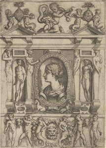 Bust of a Woman in Profile Facing Left, Set in an Elaborate Frame with Figures by Battista del Moro
