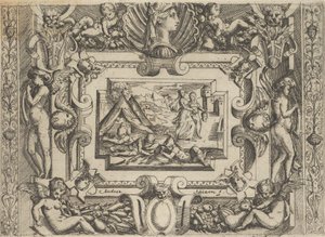 Judith and maidservant with the head of Holofernes, set within an elaborate frame, c. 1540-1580 by Battista del Moro