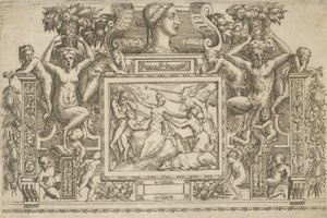 Woman seated with arms outstretched, personification of Fame with trumpet at right... by Battista del Moro