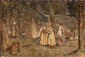 Jethro accompanied his daughter Sephora and his children met Moses. Tapestry by Dionys Martensz after the cartoons of Luca Cambiaso (1527-1584) produced by the manufactures of Brussels