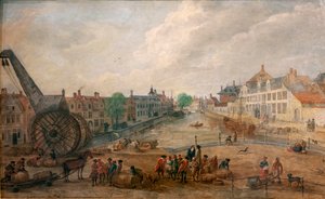 View of Ghent Lievekaai and Augustijnenkaai with a Wooden Crane by Belgian School