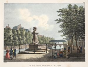Vue de la Fontaine et du Marché au Blé a Leyden by Belgian School