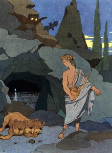 Orpheus and his lyre put to sleep Cerberus the dog with three heads