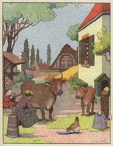 Woman Milking a Cow in a Farmyard