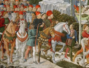 Galeazzo Maria Sforza, Duke of Milan (1444-76), extreme left, on a brown horse and Sigismondo Pandolfo Malatesta, ruler of Rimini (1417-68) beside him on a grey horse (detail)